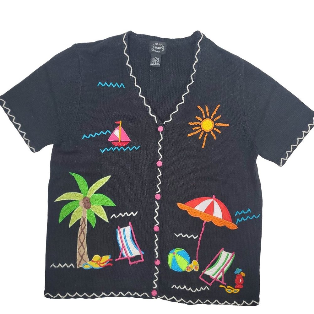 designer studios originals beach summer knit applique sweater medium